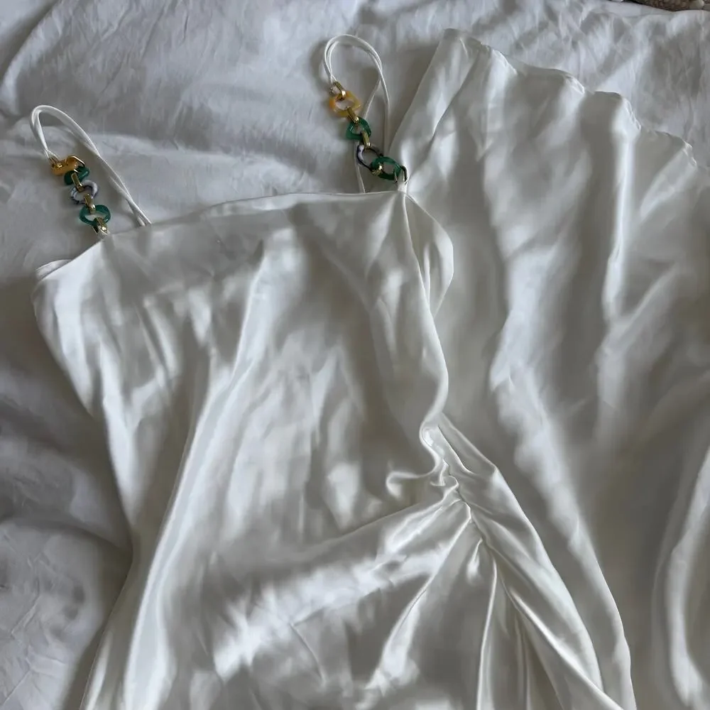 NWT Zara White Satin Effect Midi Slip Dress with Chain Straps Size M